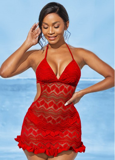 Open Back Lace Solid Halter Swimdress and Panty