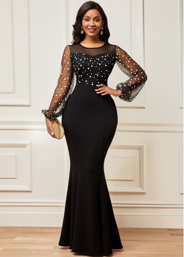Mesh Stitching Long Sleeve Round Neck Dress
