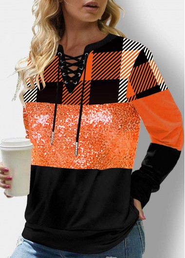 Sequin Plaid Orange Lace Up Sweatshirt