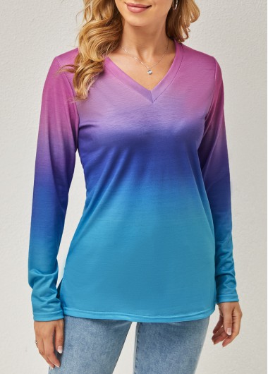 Ombre V Neck Long Sleeve T Shirt