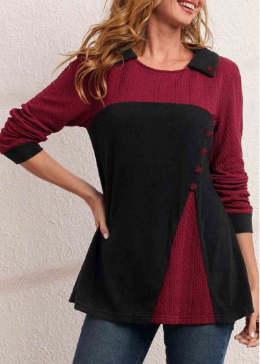 Decorative Button Contrast Long Sleeve T Shirt