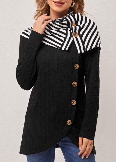 Striped Decorative Button Black Cape Sleeve Sweatshirt