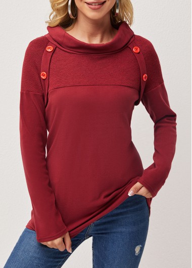 Decorative Button Cowl Neck Wine Red T Shirt
