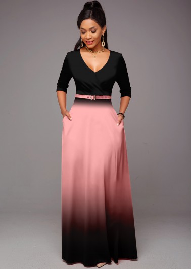 Ombre Double Side Pockets Belted Dress