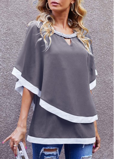 Keyhole Neckline Layered Contrast Embellished Neck T Shirt