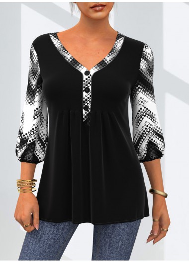 Decorative Button V Neck Geometric Print T Shirt