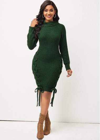 Long Sleeve Green Lace Up Sweater Dress