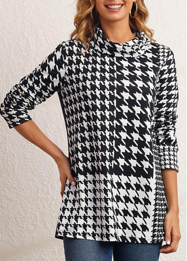 Houndstooth Print Cowl Neck Black Sweatshirt