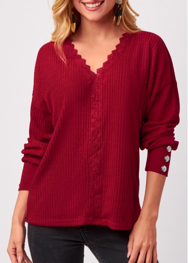 Lace Stitching Red V Neck T Shirt