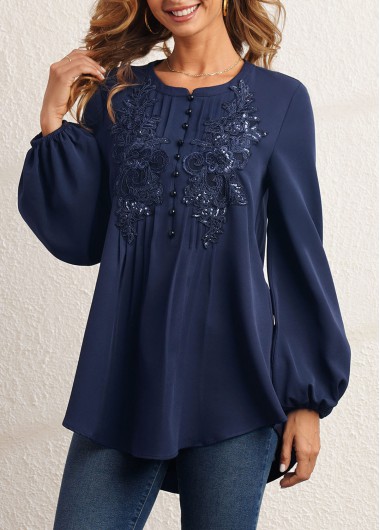 Flower Applique Crinkle Chest Navy Blue Sequin Blouse
