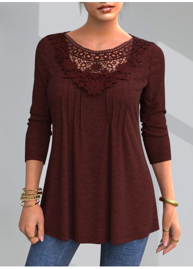 Round Neck Crinkle Chest Lace Patchwork Blouse