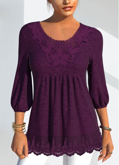 Solid Lace Stitching Lantern Sleeve T Shirt