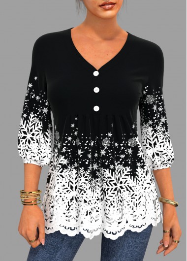 Lace Patchwork V Neck Christmas Snowflake Print Blouse