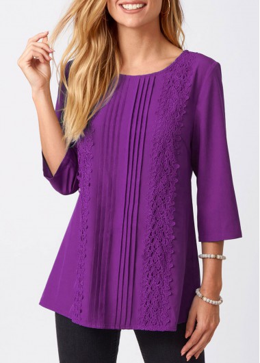 Solid Lace Stitching Crinkle Chest Round Neck Blouse