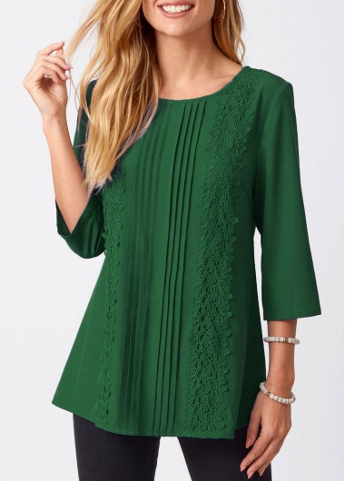 Solid Lace Stitching Crinkle Chest Round Neck Blouse