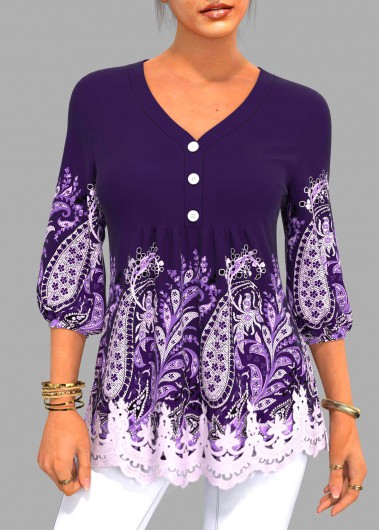 Tribal Print Lace Stitching 3/4 Sleeve Blouse