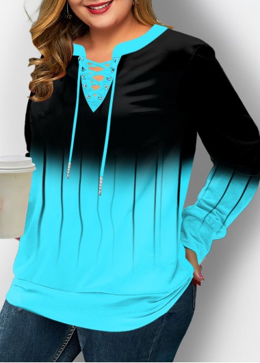 Ombre Print Lace Up Plus Size Long Sleeve Sweatshirt