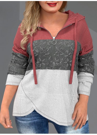 Plus Size Quarter Zip Drawstring Lace Stitching Hoodie