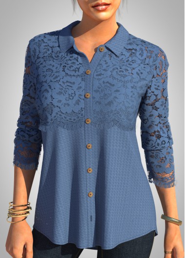 Solid Lace Patchwork Long Sleeve Turndown Collar Blouse