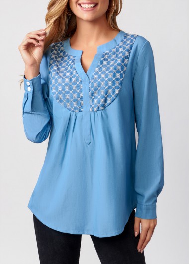 Split Neck Long Sleeve Faux Denim Blouse