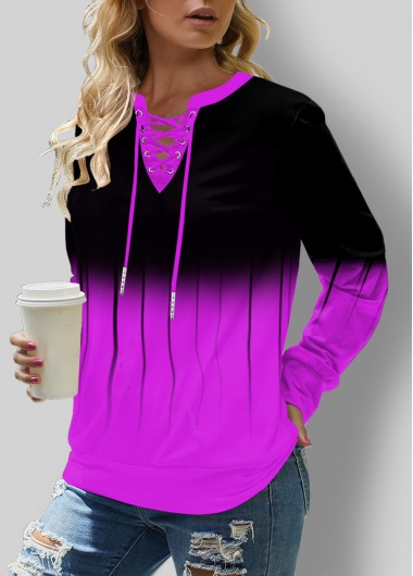 ROTITA Lace Up Long Sleeve Ombre Sweatshirt