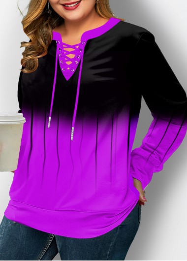 Ombre Lace Up Plus Size Long Sleeve Sweatshirt