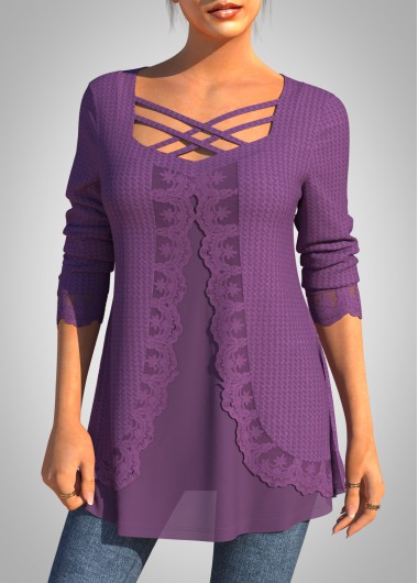 Cross Strap Chiffon Lace Stitching Faux Two Piece T Shirt