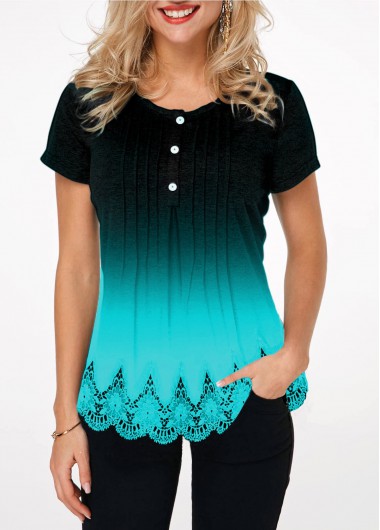 Lace Hem Button Detail Gradient T Shirt