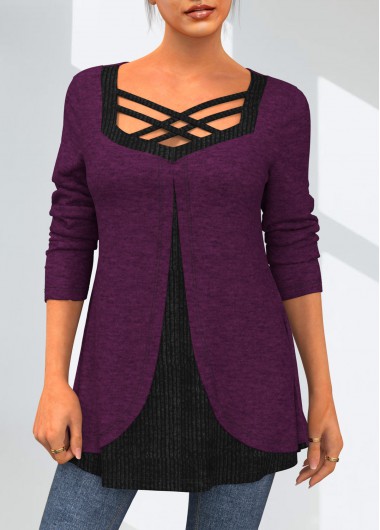 Long Sleeve Cross Strap Faux Two Piece T Shirt