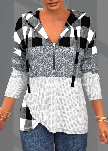 Long Sleeve Plaid Lace Patchwork Hoodie