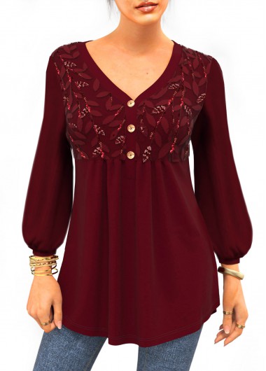 ROTITA Lantern Sleeve Leaf Sequin V Neck T Shirt