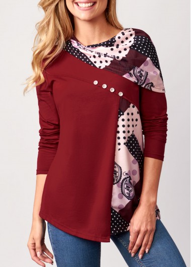 Polka Dot Decorative Button Wine Red Valentines T Shirt