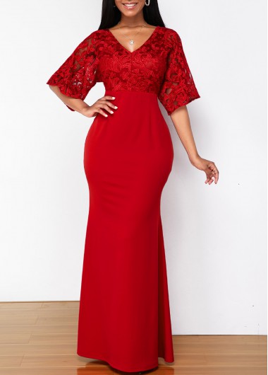 Solid Lace Patchwork 3/4 Sleeve V Neck Dress