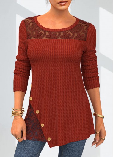 Lace Patchwork Round Neck Solid T Shirt