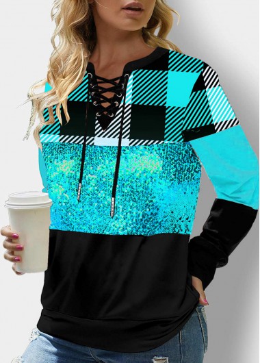 Sequin Plaid Cyan Lace Up Sweatshirt