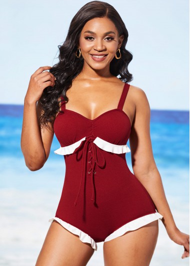 ROTITA Flounce Lace Up Wine Red One Piece Swimwear