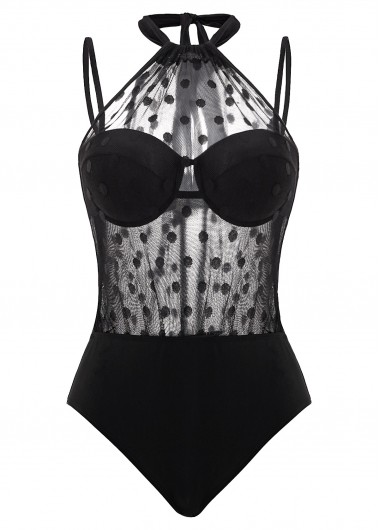 ROTITA Black Mesh Stitching Polka Dot One Piece Swimwear