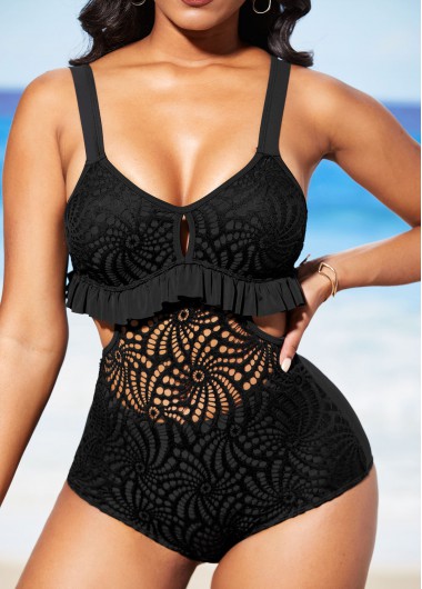 Lace Patchwork Flounce Pierced Black One Piece Swimwear
