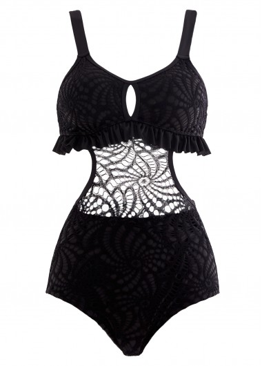 ROTITA Black Lace Patchwork Flounce Pierced One Piece Swimwear