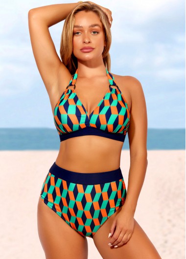ROTITA Geometric Print Color Block High Waisted Bikini Set