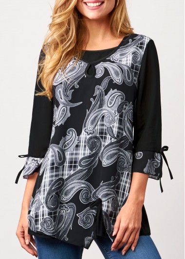 Paisley Print Black 3/4 Sleeve Blouse