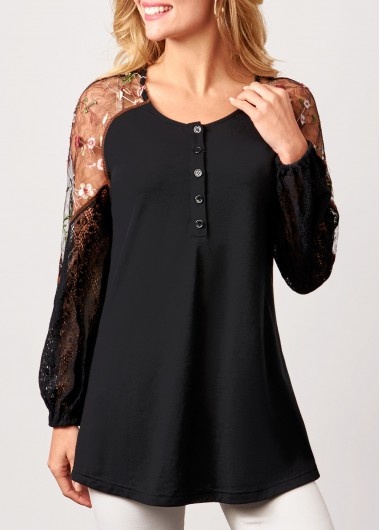 Lace Stitching Black Long Sleeve Blouse