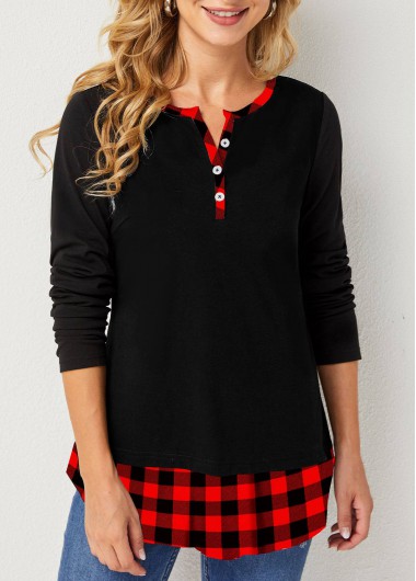 Red Split Neck Christmas Plaid Long Sleeve T Shirt