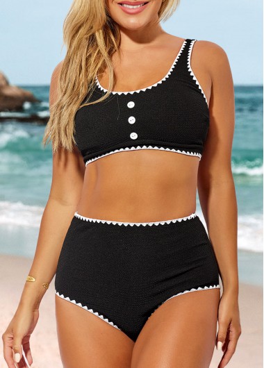 ROTITA Black High Waisted Decorative Button Bikini Set
