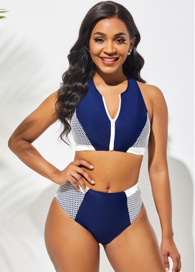Navy Blue High Waisted Zipper Detail Bikini Set
