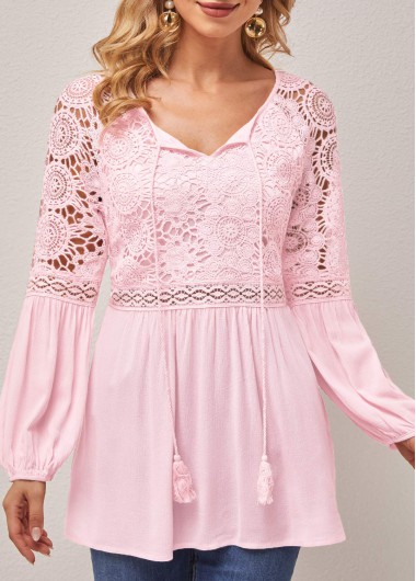 Lace Stitching Tassel Asymmetric Neck Pink Blouse