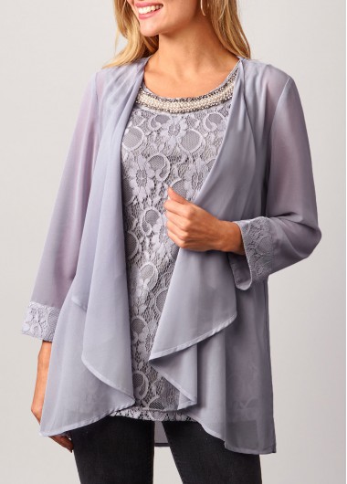 Lace Patchwork Cardigan and Round Neck Grey Tank Top