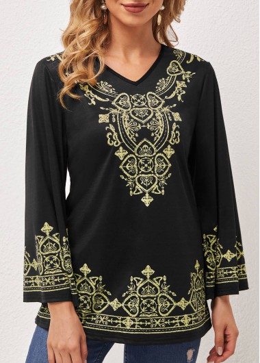 ROTITA Tribal Print V Neck Black T Shirt