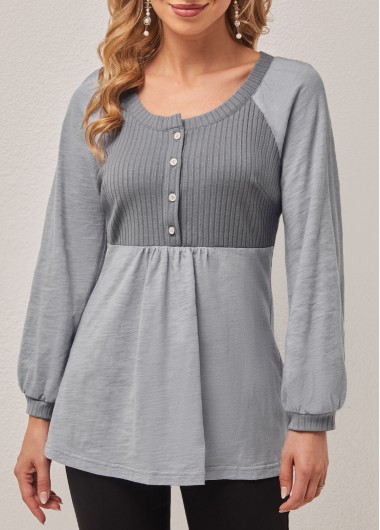 Grey Long Sleeve Round Neck T Shirt