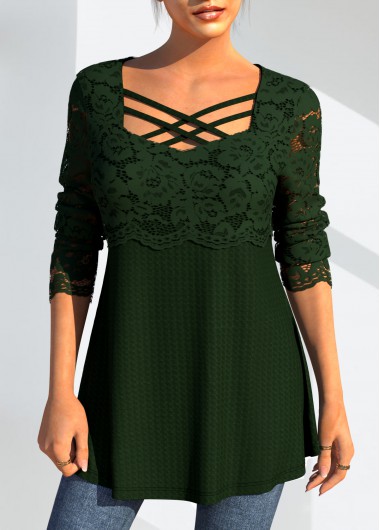 ROTITA Lace Patchwork Cross Strap Long Sleeve T Shirt